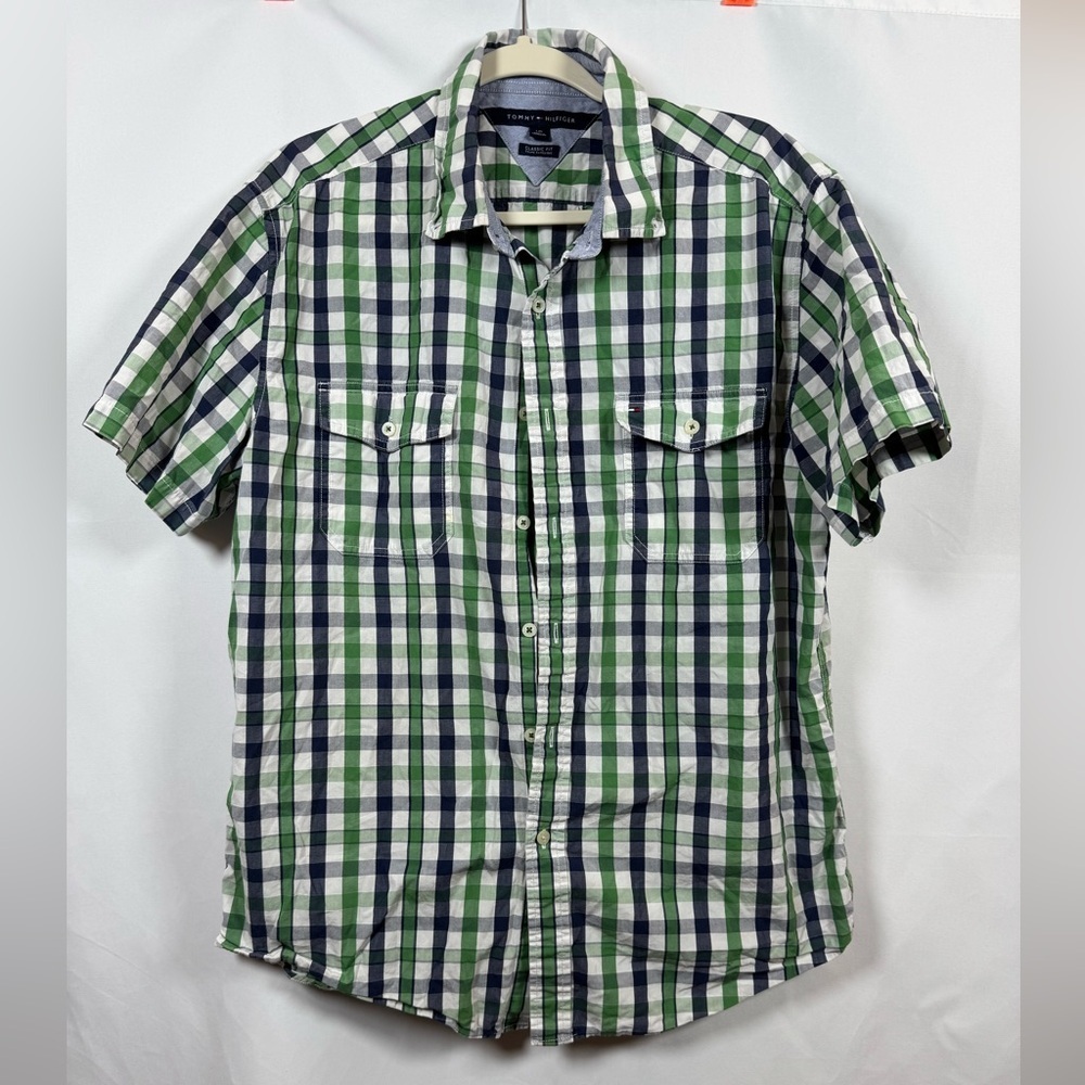 Tommy Hilfiger Men's Short Sleeve Button Down Green and Blue Checkered Shirt L